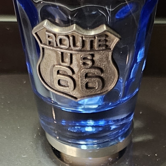 (1) Route 66 Blue Tinted Shot Glass w/ Pewter Emblem - Picture 3 of 9